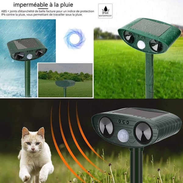 Ultraljuds kattavvisare INN® 5.5V IPX4 400-1000HZ detekterbar 110 grader solcellsdriven kattavvisare med LED-lampa fågelavvisare