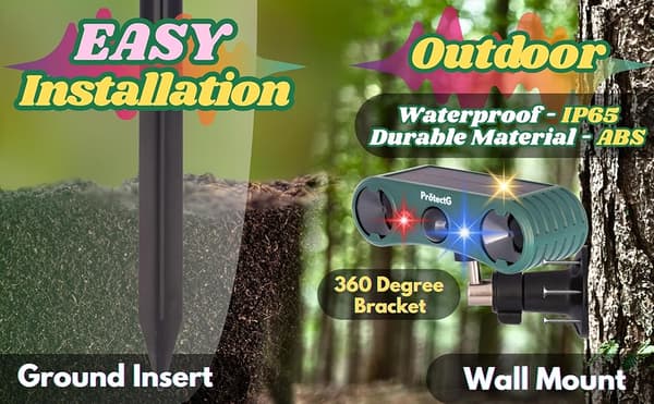 OBOSOE Solar Outdoor Ponneaine – Ultraääniliike LED-valolla – Vedenpitävä ohjain peuroille, kissoille, jyrsijöille