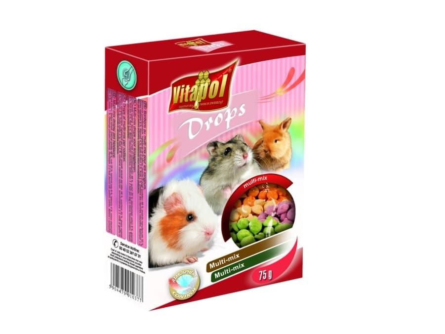 Vitapol Drops, Snack, 75 g, Hamster, Fat and vegetable oils, sugar, powdered whey, skimmed milk powder, maltodextrin, dried raspberry...