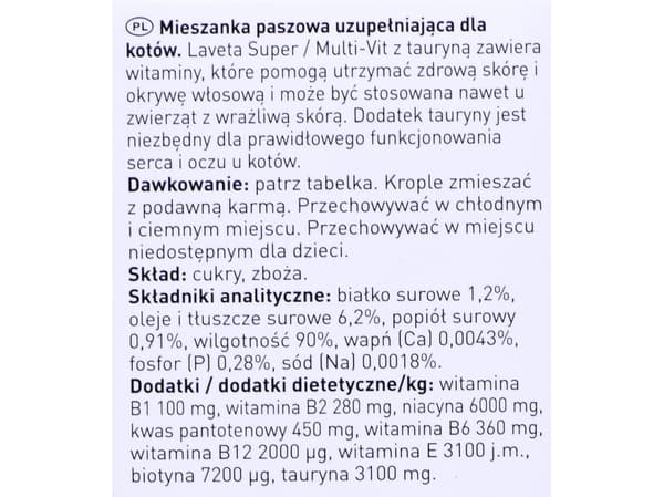 Beaphar Laveta Super, Katt, Dråper, Vitamin B1, Vitamin B12, Vitamin B2, Vitamin B6, Vitamin E, Vitamin H (biotin), Kalsium, Phosphorus, Natrium, 50