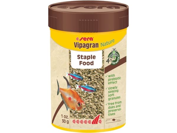 sera Vipagran Nature, Akvariumfisk, Torr fiskmat, Pellets, Vitamin A, Vitamin B1, Vitamin B2, Vitamin C, Vitamin D3, Vitamin E, 41,3%, 5,5%