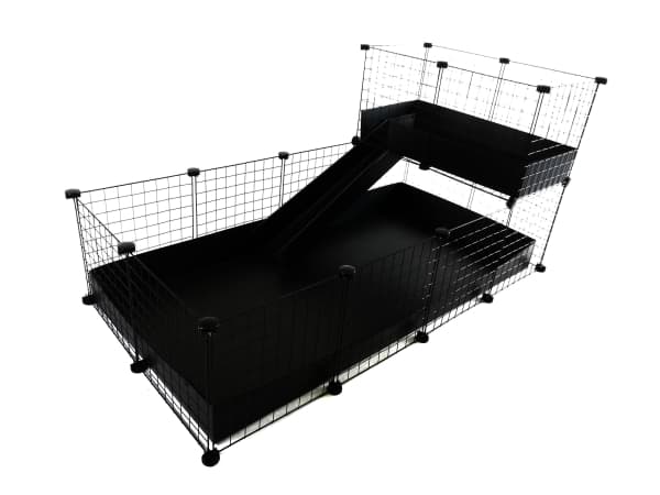 C&C modulaarinen häkki, yksikerroksinen 4x2 + parvi 2x1 + ramppi, musta, marsulle, 149cm x 77cm