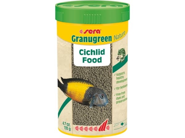 sera Granugreen Nature, Aquarium fish, Dry fish food, Granule, Vitamin A, Vitamin B1, Vitamin B2, Vitamin C, Vitamin D, Vitamin E, 5.6%, 7.2%