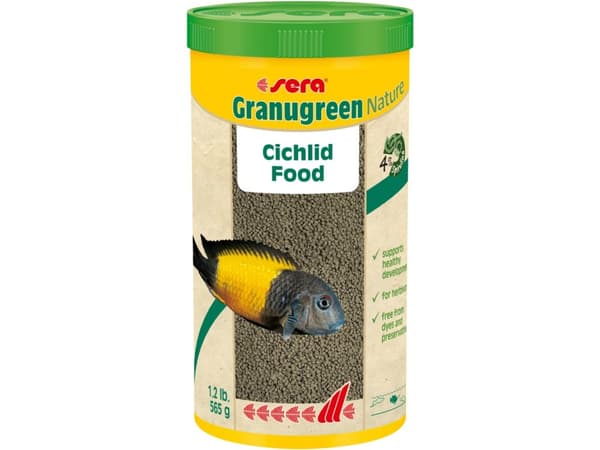 sera Granugreen Nature, Aquarium fish, Dry fish food, Granule, Vitamin A, Vitamin B1, Vitamin B2, Vitamin C, Vitamin D, Vitamin E, 5.6%, 7.2%