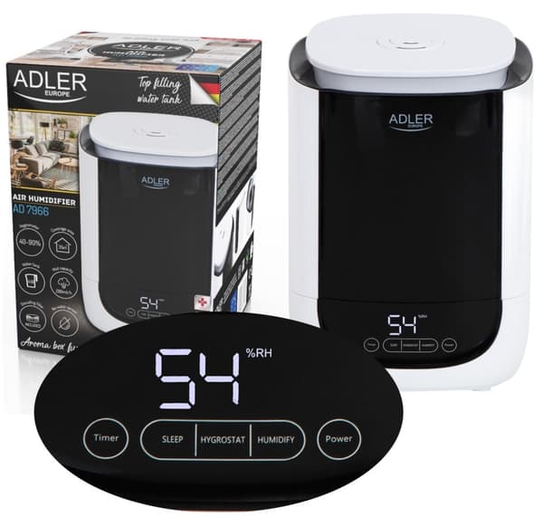 NAWILŻACZ POWIETRZA AROMATERAPIA ULTRADŹWIĘKOWY HIGROMETR TIMER ADLER | AD7966 musta, Valkoinen