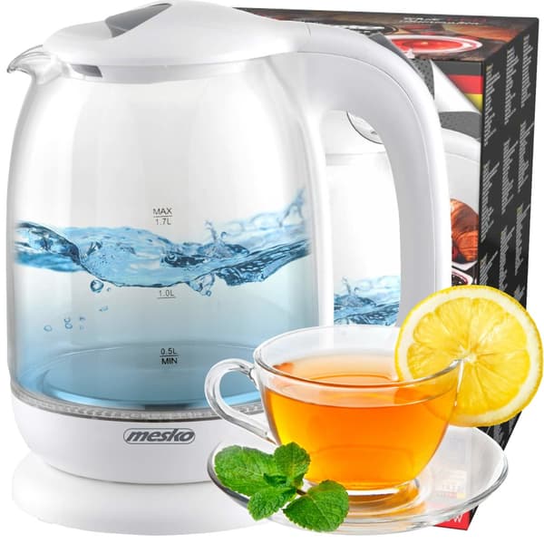 CZAJNIK SZKLANY 2200W 1,7L BIAŁY MESKO MS1302