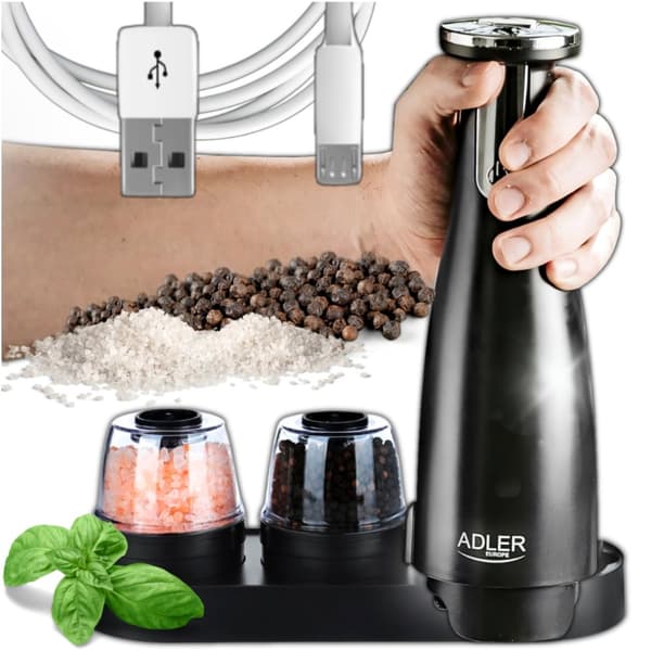 MŁYNEK DO SOLI PIEPRZU PRZYPRAW ZESTAW USB CZARNY ADLER AD4449