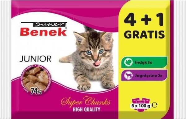 Super Benek Super Benek Junior MIX 4+1 GRATIS (5x100g) våtfôr for voksne katter, blanding av smaker