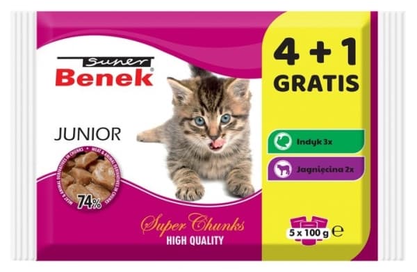 Super Benek Super Benek Junior MIX 4+1 GRATIS (5x100g) våtfôr for voksne katter, blanding av smaker