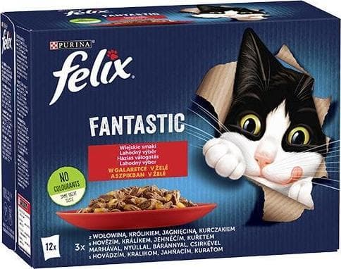 Felix Fantastiska lantliga smaker i gelé - nötkött, kyckling, lamm, kanin - (12 x 85 g)