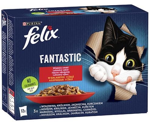 Felix Fantastiska lantliga smaker i gelé - nötkött, kyckling, lamm, kanin - (12 x 85 g)