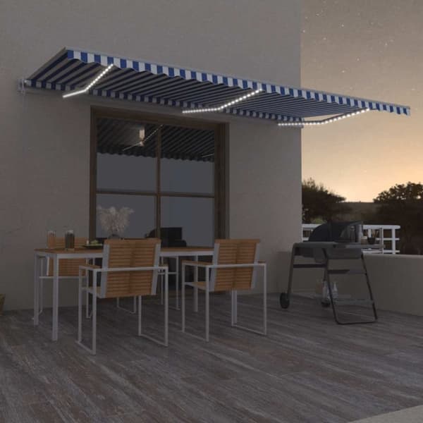 vidaXL Sisäänkelattava markiisi LED/tuulisensori 600x350 cm sinivalk.