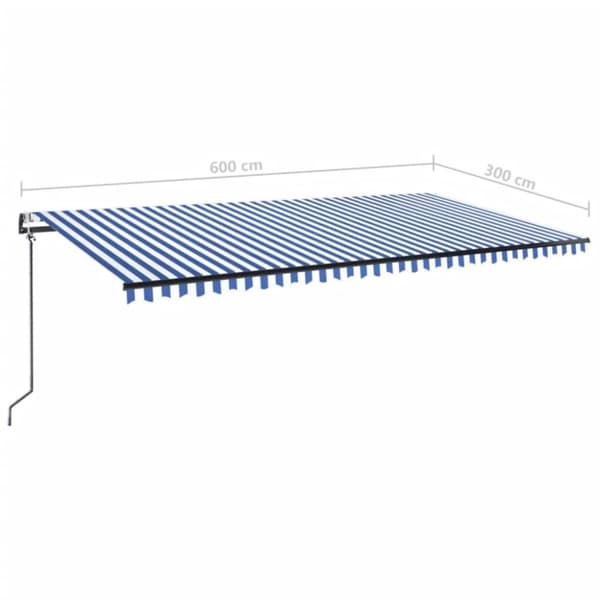 vidaXL markise m. LED + vindsensor 600x300 cm automatisk blå og hvid