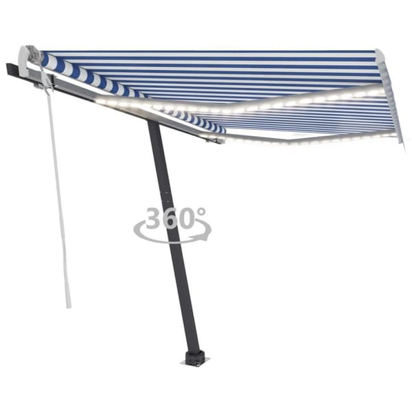 vidaXL Käsin sisäänkelattava markiisi LEDillä 350x250cm sinivalkoinen