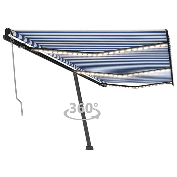 vidaXL Sisäänkelattava markiisi LED/tuulisensori 600x350 cm sinivalk.