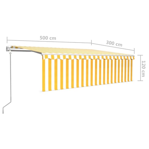 vidaXL markise m. gardin+LED+vindsensor 5x3 m automatisk gul og hvid
