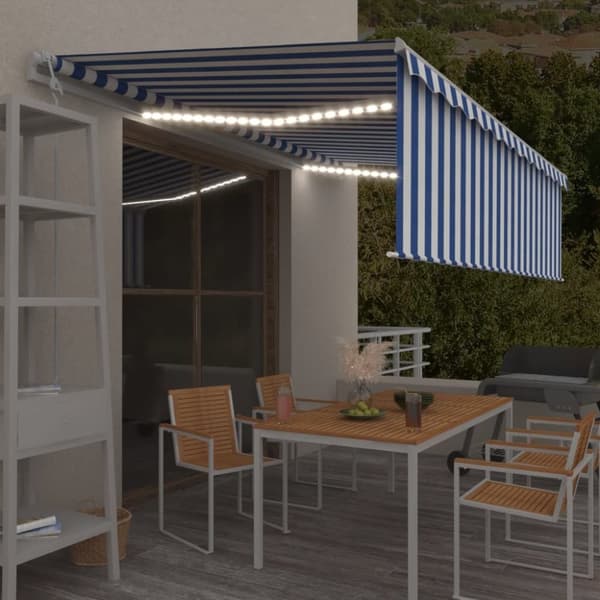 vidaXL Automaattimarkiisi verho/LED/tuulisensori 5x3 m sinivalkoinen