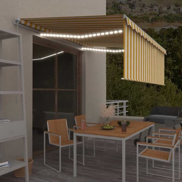 vidaXL Manuaalisesti kelattava markiisi verhot/LED 4x3m keltavalkoinen