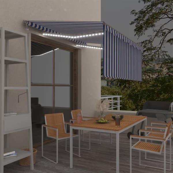 vidaXL markise m. gardin+LED+vindsensor 3x2,5 m automatisk blå og hvid