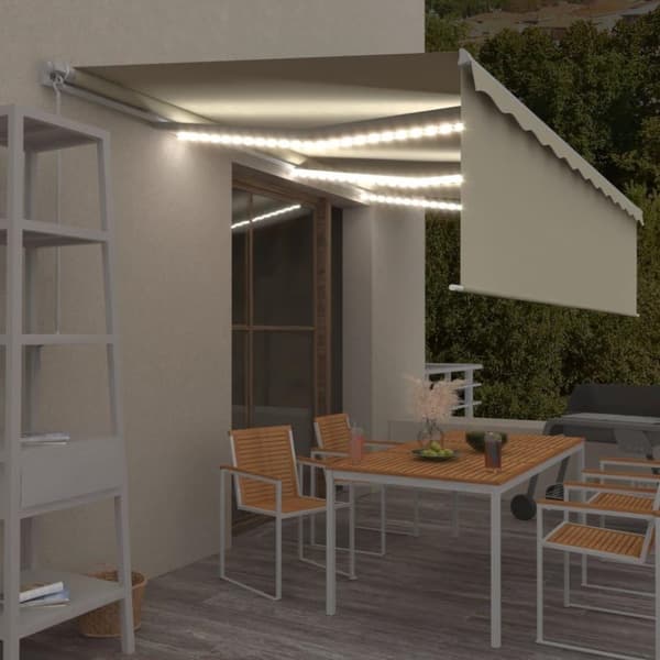 vidaXL markise m. gardin + LED 6x3 m manuel betjening cremefarvet