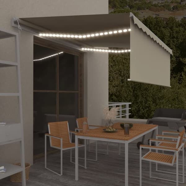 vidaXL markise m. gardin+LED+vindsensor 4x3 m automatisk cremefarvet