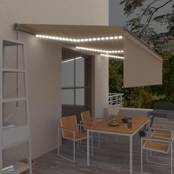 vidaXL markise m. gardin + LED 6x3 m manuel betjening cremefarvet