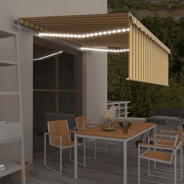 vidaXL markise m. gardin+LED+vindsensor 4x3 m automatisk gul og hvid