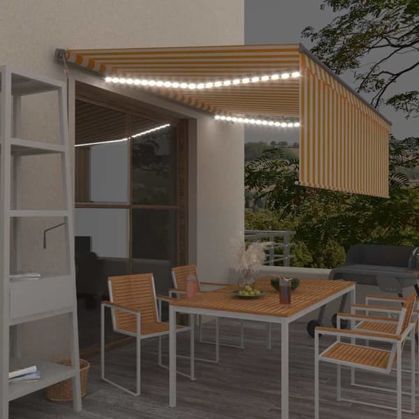 vidaXL markise m. gardin+LED+vindsensor 4x3 m automatisk gul og hvid