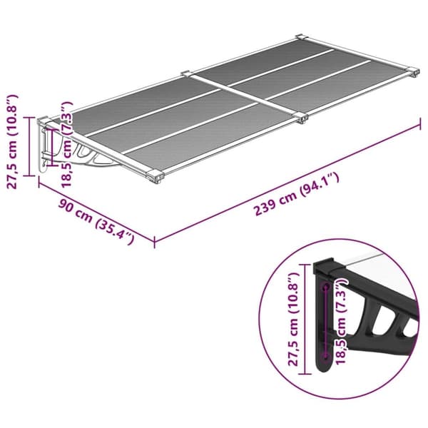 vidaXL Skjermtak svart og gjennomsiktig 239x90 cm polykarbonat