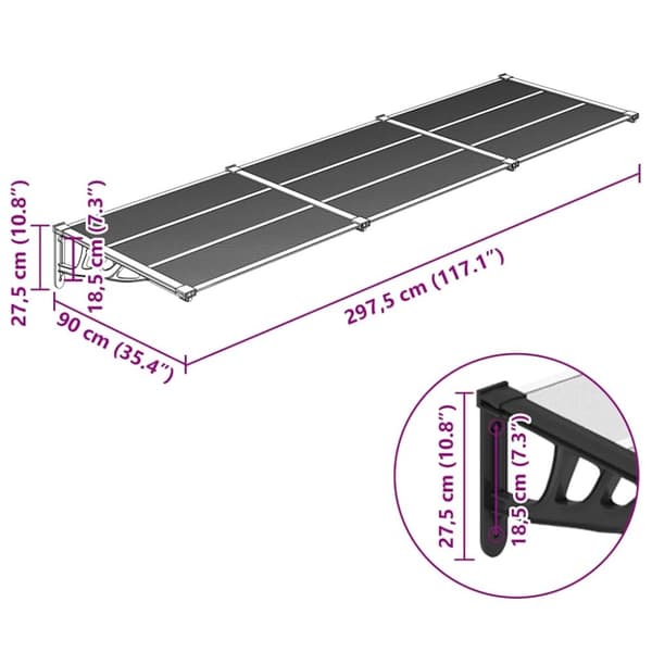 vidaXL Skjermtak svart og gjennomsiktig 297,5x90 cm polykarbonat