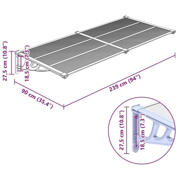 vidaXL dørbaldakin 239x90 cm polycarbonat grå og transparent
