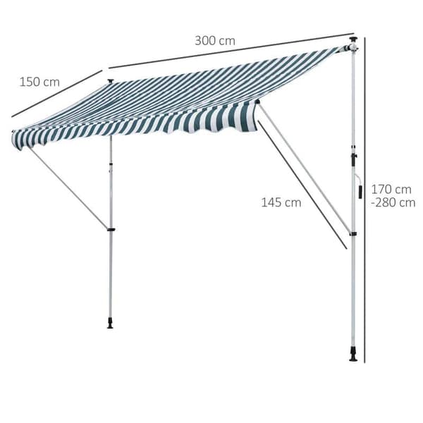 Rootz Clamp markiisi - Markiisi - Taittuva varsi markiisi - Korkeussäädettävä - Säänkestävä - Sininen/Valkoinen - 300 cm × 150 cm x 280 cm