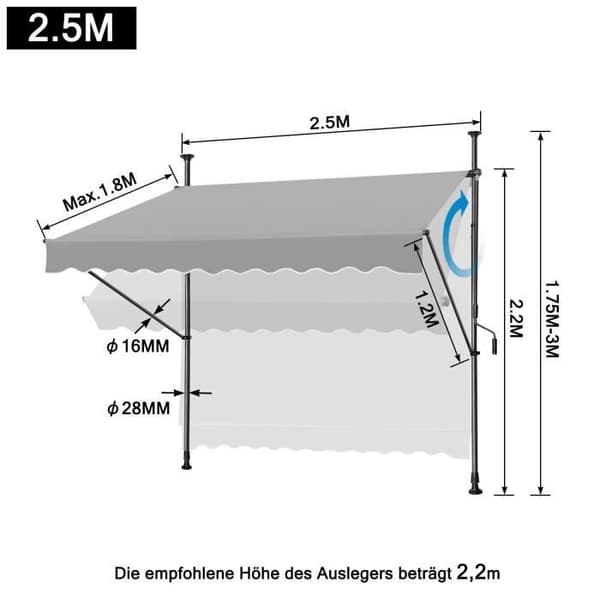 Utdragbart Balkongtak - XMTECH - 250x120cm - Grå - Anti-UV - Justerbar Höjd