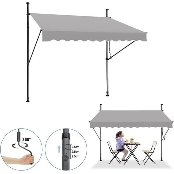 XMTECH 300x120cm Infällbar Anti-Sun Balkong Markis, Markis Utan Borrning Justerbar höjd med vev, Grå