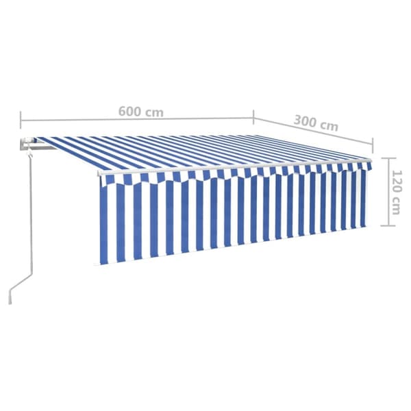 Automaattimarkiisi verhoilla 6x3 m sinivalkoinen
