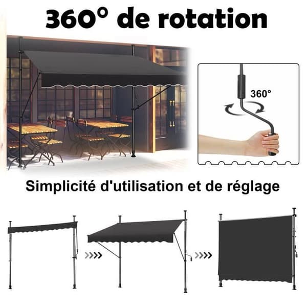 LZQ Infällbar manuell markisgardin - Mörkgrå - 250x120cm - Ingen borrning - Justerbar höjd - Anti UV