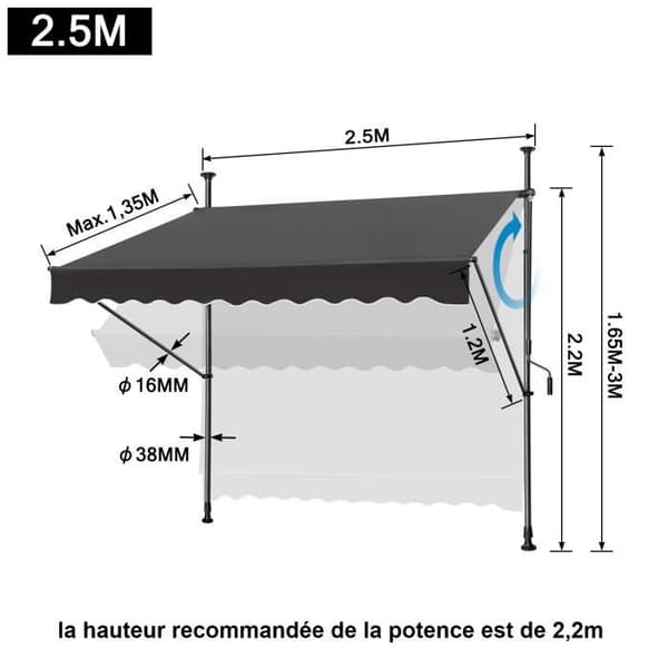 LZQ Infällbar manuell markisgardin - Mörkgrå - 250x120cm - Ingen borrning - Justerbar höjd - Anti UV