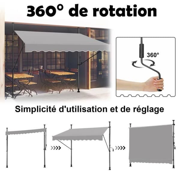 Infällbar manuell markis - LZQ - Grå - 250x120cm - Anti-UV - Justerbar höjd