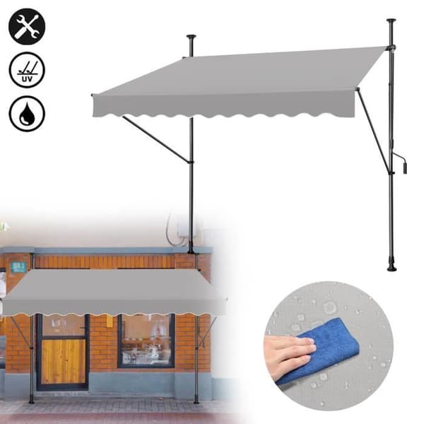 LZQ Infällbar manuell markisgardin - Grå - 300x120cm - Anti UV - Ingen borrning