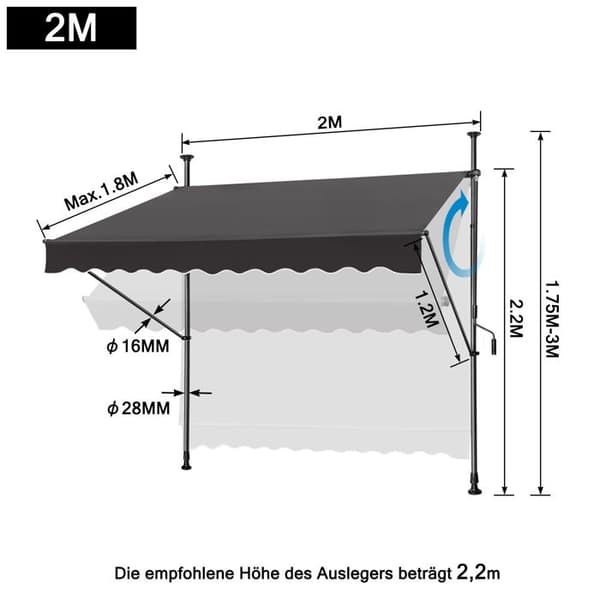 XMTECH 200x120cm Infällbar Anti-Sun Balkong Markis, Markis Utan Borrning Justerbar höjd med vev, antracit