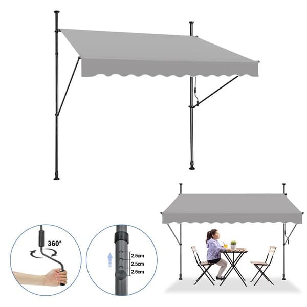 XMTECH 200x120cm Infällbar Anti-Sun Balkong Markis, Markis Utan Borrning Justerbar höjd med vev, Grå