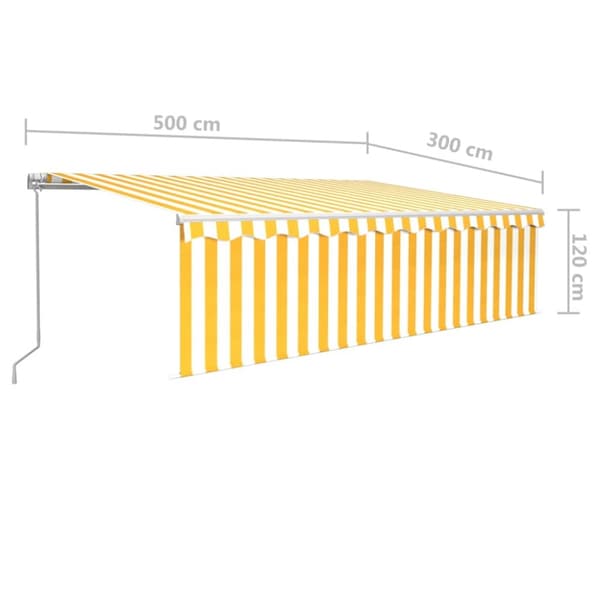 Manuaalisesti kelattava markiisi verhoilla 5x3 m keltavalkoinen