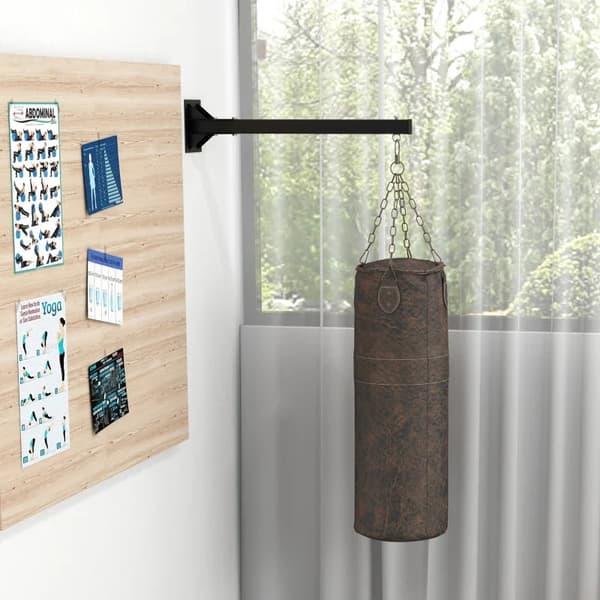 Rootz Boksäckshållare - Väggmonterad - 9 Vinklar - Monteringsskruvar - Svängkrok - Karbinhake - Två sidomarkiser - Stål - Svart - 80L x 17W x 48H cm