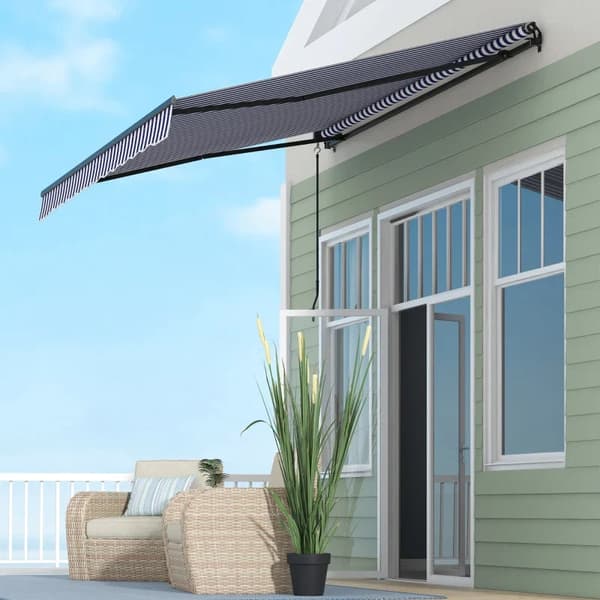 Rootz Solmarkise - Vægmontering - Markisegårdhave - Håndsving - Vejrbestandig - Aluminium-metal - Blå - Hvid - 350L x 290W cm
