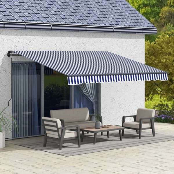 Rootz Solmarkise - Vægmontering - Markisegårdhave - Håndsving - Vejrbestandig - Aluminium-metal - Blå - Hvid - 350L x 290W cm