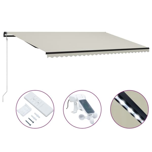 vidaXL foldemarkise med vindsensor & LED 600x300 cm cremefarvet - Markiser