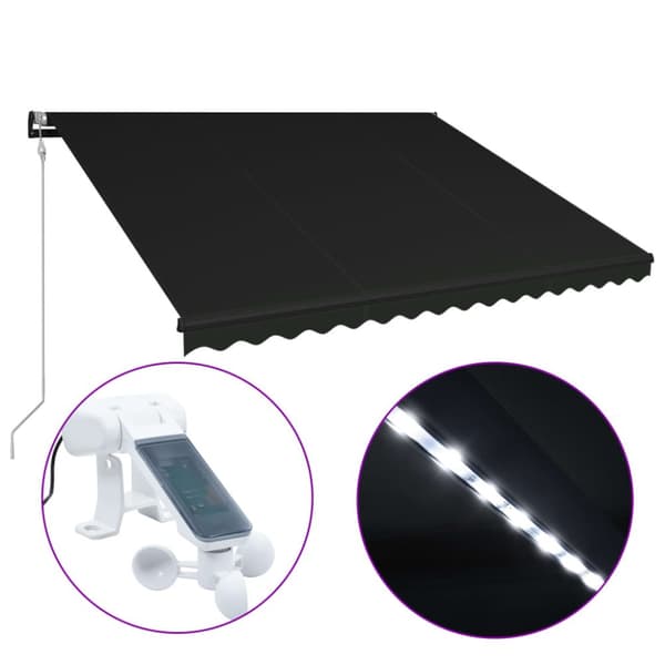 vidaXL Markis infällbar med vindsensor & LED 450x300 cm antracit - Markiser