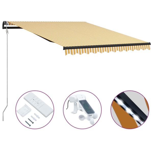 vidaXL Sisäänkelattava markiisi tuulisensori/LED 300x250cm kelt./valk. -  Markiisit