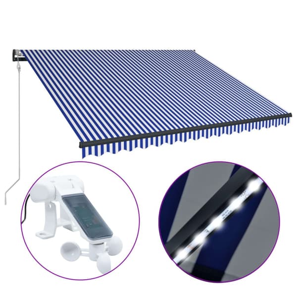 vidaXL Markiisi tuulisensorilla ja LED 300x250cm sininen ja valkoinen -  Markiisit