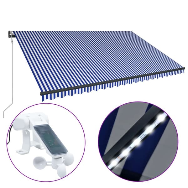 vidaXL Markis med vindsensor & LED 500x300 cm blå och vit - Markiser